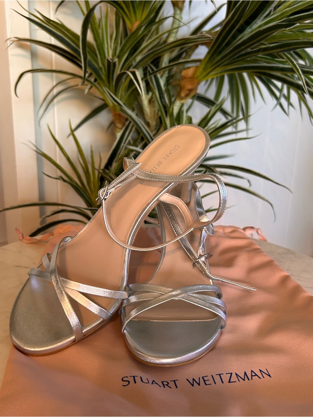 Stuart Weitzman Silver Metallic Strappy Heeled Sandals